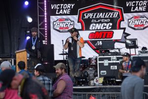 Podium at the Snowshoe, WV, GNCC e-bike race this year.  By Ken Hill. 