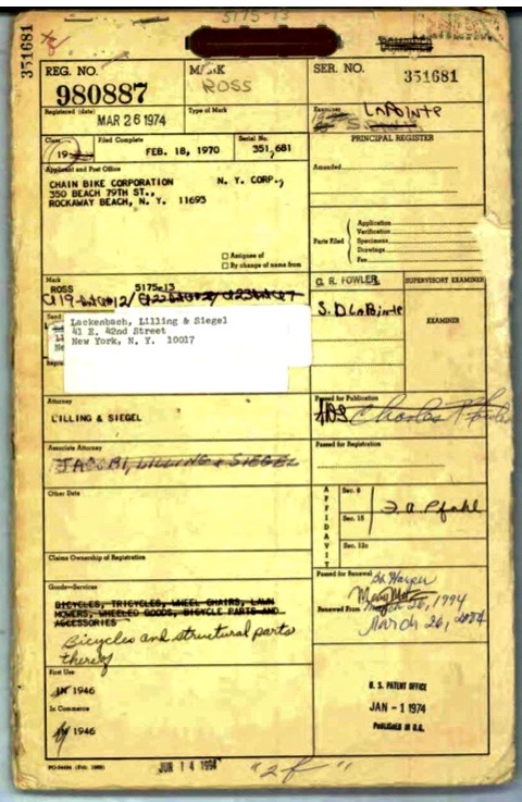 The Ross bicycle trademark registration from 1974.