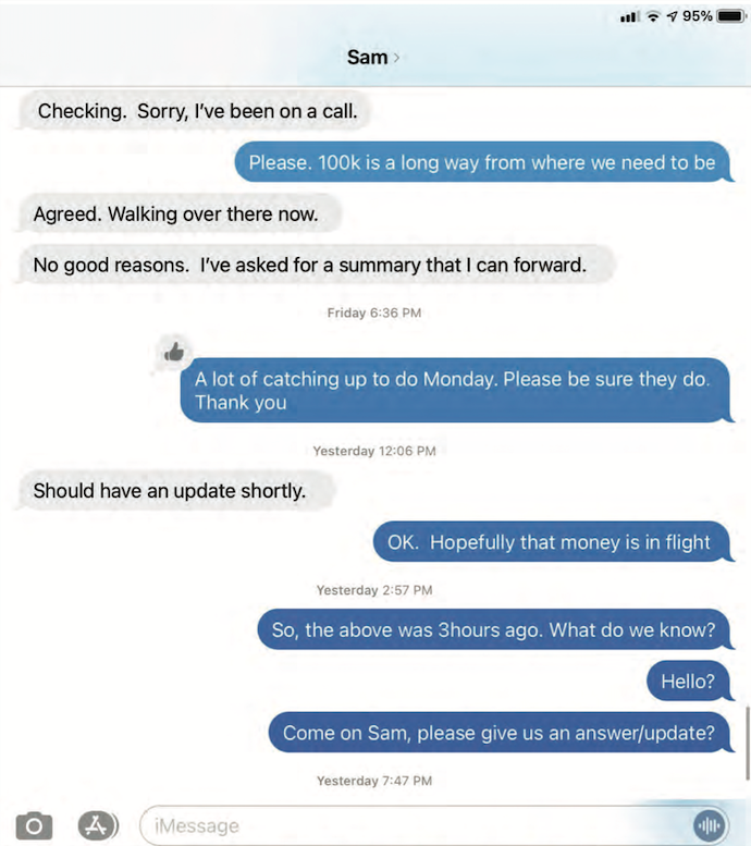 Court documents show a text conversation allegedly between Mancini and an investor who was waiting to get his money back via a bank wire.