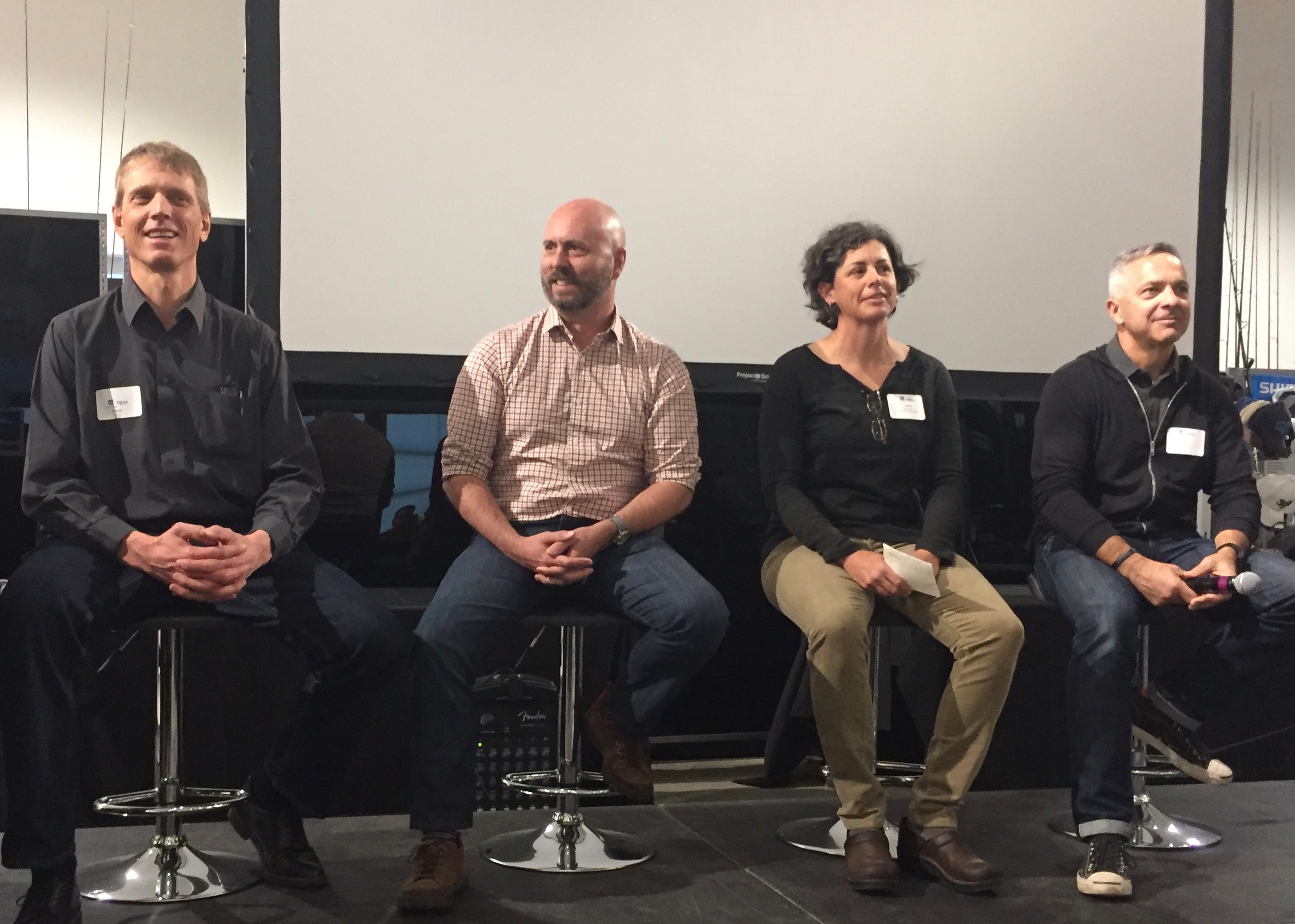 A panel discussed trail access, education and policy for electric mountain bikes at the BPSA PeopleForBikes E-Bike Summit held last Friday at Shimano's headquarters in Irvine. From left: IMBA's Dave Wiens, Haibike USA's Ken Miner, PFB's Leslie Kehmeier and Trek's John Riley.