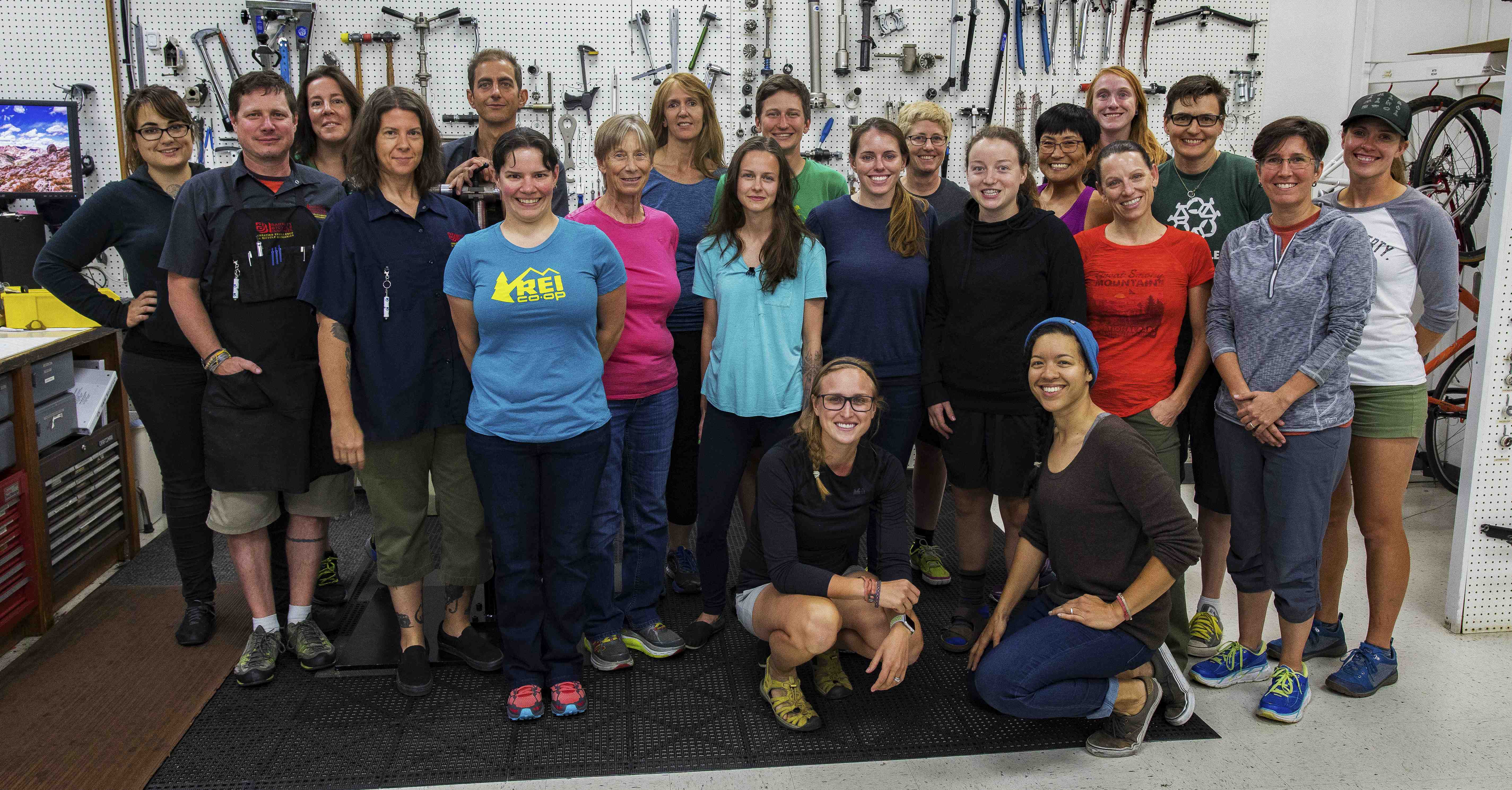 Barnett’s Bicycle Institute held its first women’s-only class in early August. Sixteen women who work at REI attended the two-week class. Susie Stevens, interviewed for this story, is pictured second from the right, second row from bottom.