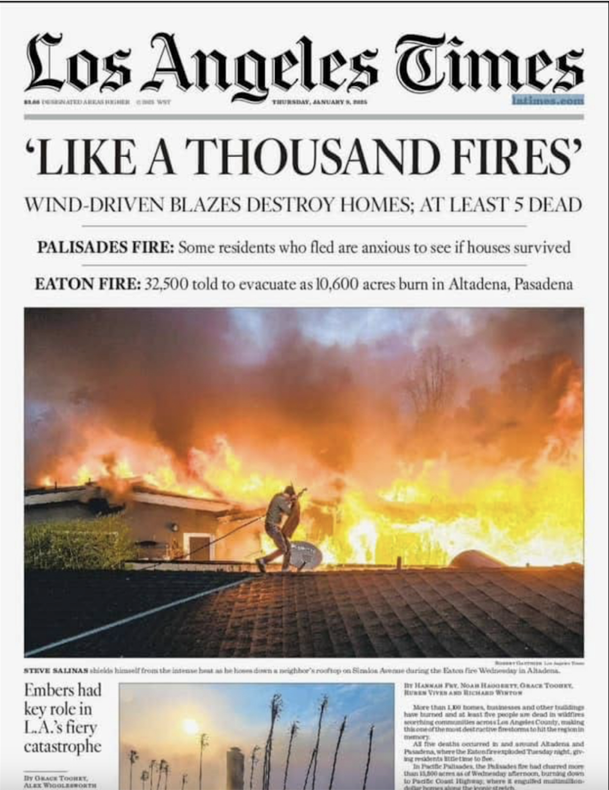 Salinas made the cover of the LA Times while on a neighbor's roof Wednesday morning.